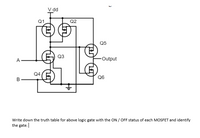 V dd
Q1
Q2
Q5
Q3
A
-Output
Q4
Q6
Write down the truth table for above logic gate with the ON / OFF status of each MOSFET and identify
the gate.
