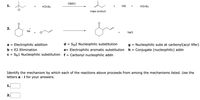 DMSO
1.
KBr +
KOt-Bu
major product
2.
Na
NaCl
a = Electrophilic addition
d = SN2 Nucleophilic substitution
g= Nucleophilic subs at carbonyl(acyl Xfer)
h = Conjugate (nucleophilic) addn
b = E2 Elimination
e Electrophilic aromatic substitution
f = Carbonyl nucleophilic addn
c = SN1 Nucleophilic substitution
Identify the mechanism by which each of the reactions above proceeds from among the mechanisms listed. Use the
letters i for your answers.
1
2.
+
Hot-Bu