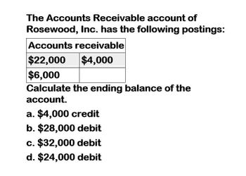 The Accounts Receivable account of
Rosewood, Inc. has the following postings:
Accounts receivable
$22,000 $4,000
$6,000
Calculate the ending balance of the
account.
a. $4,000 credit
b. $28,000 debit
c. $32,000 debit
d. $24,000 debit