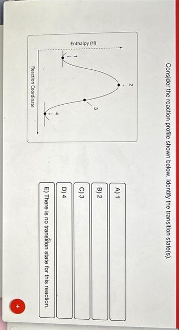 Enthalpy (H)
Consider the reaction profile shown below. Identify the transition state(s).
3
Reaction Coordinate
A) 1
B) 2
C) 3
D) 4
E) There is no transition state for this reaction.