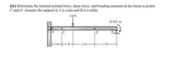 Q1) Determine the internal normal force, shear force, and bending moment in the beam at points
C and D. Assume the support at A is a pin and B is a roller.
6 kN
m-1 m-
-2 m-
m
20 kN-m