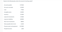 Based on the following data, what is the amount of working capital?
Accounts payable
$ 70400
Accounts receivable
125400
Cash
77000
Intangible assets
110000
Inventory
151800
Long-term investments
176000
Long-term liabilities
220000
Short-term investments
88000
Notes payable (short-term)
61600
Property, plant, and equipment
1474000
Prepaid insurance
2200
