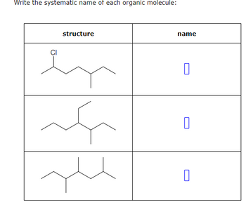 Write the systematic name of each organic molecule:
structure
CI
ها و یا اگر
میکند
لسلام
name
D
D