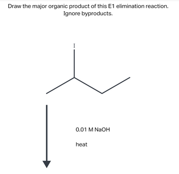 Draw the major organic product of this E1 elimination reaction.
Ignore byproducts.
I
0.01 M NaOH
heat