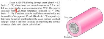 Steam at 450°F is flowing through a steel pipe (k = 8.7
Btu/h ft °F) whose inner and outer diameters are 3.5 in. and
4.0 in., respectively, in an environment at 55°F. The pipe is
insulated with-in.-thick fiberglass insulation (k = 0.020
Btu/h ft °F). If the heat transfer coefficients on the inside and
the outside of the pipe are 30 and 5 Btu/h ft² °F, respectively,
determine the rate of heat loss from the steam per foot length of
the pipe. What is the error involved in neglecting the thermal
resistance of the steel pipe in calculations?
Steel pipe
Steam
450°F
Insulation