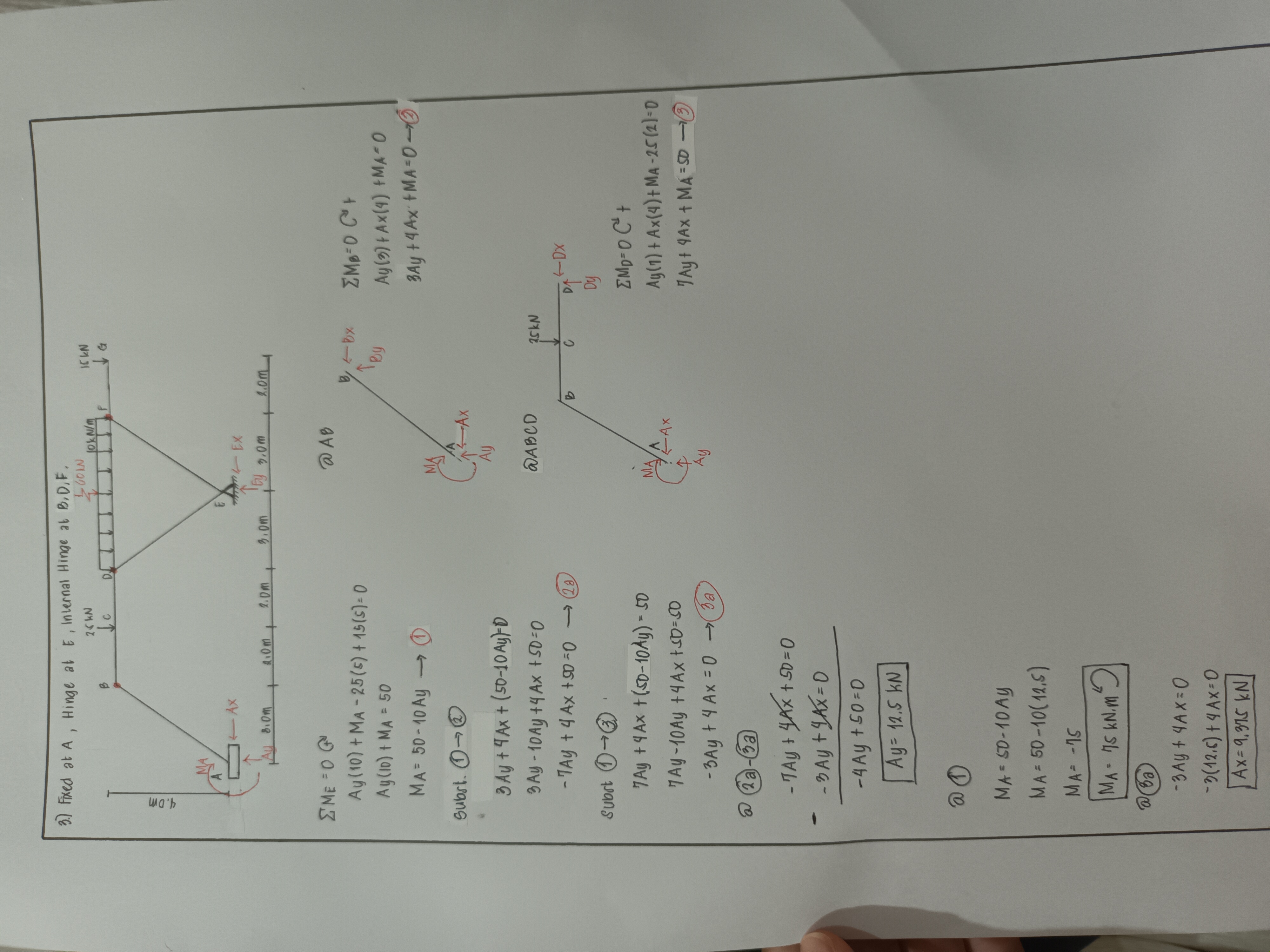 3.) Fixed at A, Hinge at E, Internal Hinge at B.D.F.
2 GOIN
4.0m
<- Ax
8.0m
Subst. →
Σ ΜΕ ΤΟ G
Ay (10) + MA-25 (5) + 15(s) = 0
Ay (10) + MA = 50
MA= 50-10 Ay →
RIOM
- 4 Ay +50=0
Ay = 12.5 kN
@ba
- 0
MA= -15
MA- 75 KN.M
@ 0
MA = 50-10AY
MA= 50-10(12.5)
25 kN
↓c
3 Ay + 4 Ax + (50-10 Ay)-D
3 Ay - 10 Ay +4 Ax +50=0
- TAY + 4 Ax +50=0 (20)
Subst →
7 Ay + 4 Ax + (50-10Ay) - 50
7Ay-10Ay +4Ax +50=50
-3Ay + 4 Ax = 0→Ba
@2a-3a
- TAY SAX50=0
- 3 Ay+gAx=0
-3 Ay+ 4AX=0
-3 (12₁6) + 4 Ax=0
Ax=9,315 kN
2.0m
D₂
3.0m
t
10kN/m
TEX
Fy
3.0m
@ AB
Ay
MA
@ A B C D
-Ax
AAX
Ay
15 KN
Ja
2.0m
B, 4 Bx
Toy
25kN
C
ΣMB- 0 Co³ +
Ay (3) + Ax(4) +MA-O
3Ay +4 Ax +MA-0-6
-DX
P↑
Dy
ZMp=0 C² +
Ay(1) + Ax(4) + MA-25 (2)=0
1 Ay+ 4AX + MA= 50 -13