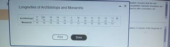 Longevities of Archbishops and Monarchs
18
Archbishops
17 16
13 14
14
Monarchs 16 16 15
14
13
16
Print
17
14
18
2
17
17
16
9
17
Done
18
14
18
12 16
13
4
12
14
14 11 D
23
17
18
17
onation. Assume that the two
- X population standard deviations are
narchs after coronation. All
ulation 2 consists of the longevity of