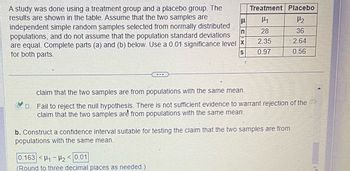 μ
A study was done using a treatment group and a placebo group. The
results are shown in the table. Assume that the two samples are
independent simple random samples selected from normally distributed
populations, and do not assume that the population standard deviations
are equal. Complete parts (a) and (b) below. Use a 0.01 significance level X
for both parts.
n
S
Treatment Placebo
14
1₂
28
36
2.35
2.64
0.97
0.56
claim that the two samples are from populations with the same mean.
D. Fail to reject the null hypothesis. There is not sufficient evidence to warrant rejection of the
claim that the two samples are from populations with the same mean.
b. Construct a confidence interval suitable for testing the claim that the two samples are from
populations with the same mean.
0.163H₁-H20.01
(Round to three decimal places as needed.)