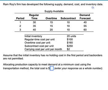 Ram Roy's firm has developed the following supply, demand, cost, and inventory data.
Supply Available
Period
1
W N
3
Regular
Time
30
35
40
Overtime
15
15
20
Initial inventory
Regular-time cost per unit
Overtime cost per unit
Subcontract
10
10
10
Subcontract cost per unit
Carrying cost per unit per month
20 units
$100
$160
$250
$2
Demand
Forecast
40
55
60
Assume that the initial inventory has no holding cost in the first period and backorders
are not permitted.
Allocating production capacity to meet demand at a minimum cost using the
transportation method, the total cost is $ (enter your response as a whole number).