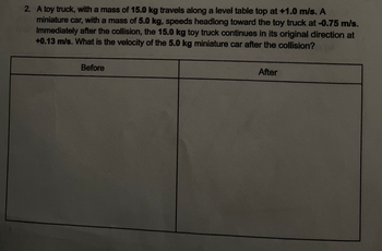 2. A toy truck, with a mass of 15.0 kg travels along a level table top at +1.0 m/s. A
miniature car, with a mass of 5.0 kg, speeds headlong toward the toy truck at -0.75 m/s.
Immediately after the collision, the 15.0 kg toy truck continues in its original direction at
+0.13 m/s. What is the velocity of the 5.0 kg miniature car after the collision?
Before
After