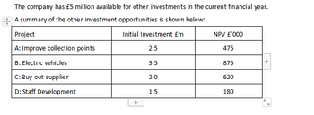 The company has £5 million available for other investments in the current financial year.
A summary of the other investment opportunities is shown below:
Initial Investment £m
Project
A: Improve collection points
B: Electric vehicles
C: Buy out supplier
D: Staff Development
+
2.5
3.5
2.0
1.5
NPV £'000
475
875
620
180
+