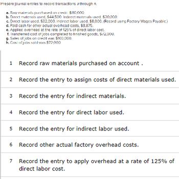 Prepare Journal entries to record transactions a through
a. Raw materials purchased on credit, $110,000.
b. Direct materials used, 544,500. Indirect materials used, $20,000.
c. Direct labor used, $32,000. Indirect labor used, $8,000. (Rccord using Factory Wages Payablc.)
d. Pald cash for other actual overhead costs, $8,875.
e. Applied overhead at the rate of 125% of direct labor cost.
f. Transferred cost of jobs completed to finished goods, $72,000.
g. Sales of jobs on credit was $103,000.
h. Cost of jobs sold was $72,000.
1
2 Record the entry to assign costs of direct materials used.
3
Record the entry for indirect materials.
4
Record the entry for direct labor used.
5 Record the entry for indirect labor used.
Record other actual factory overhead costs.
Record the entry to apply overhead at a rate of 125% of
direct labor cost.
6
Record raw materials purchased on account.
7