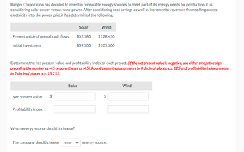 Ranger Corporation has decided to invest in renewable energy sources to meet part of its energy needs for production. It is
considering solar power versus wind power. After considering cost savings as well as incremental revenues from selling excess
electricity into the power grid, it has determined the following.
Present value of annual cash flows
Initial investment
Net present value $
Profitability index
Determine the net present value and profitability index of each project. (If the net present value is negative, use either a negative sign
preceding the number eg -45 or parentheses eg (45). Round present value answers to O decimal places, e.g. 125 and profitability index answers
to 2 decimal places, e.g. 15.25.)
Solar
$52,580
$39,500
Solar
Which energy source should it choose?
The company should choose solar
Wind
$128,450
$105,300
$
energy source.
Wind