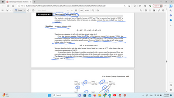 1 51°F
Clear
Elementary Principles of Chemica X +
File | E:/Elementary%20Principles%20of%20Chemical%20Processes,%204th%20Edition%20(%20PDF Drive%20).pdf
Draw
(T)
Read aloud
Example 8.4-2
Solution
An energy balance yields
←→
Vaporization and Heating
One hundred g-moles per hour of liquid n-hexane at 25°C and 7 bar is vaporized and heated to 300°C at
constant pressure. Neglecting the effect of pressure on enthalpy, estimate the rate at which heat must be
supplied.
Q Search
446 of 695
Q =ΔΗ (W, = ΔΕ, = 0, ΔΕ, ~ 0)
Therefore an evaluation of AH will yield the desired value of Q.
From the Antoine equation (Table B.4) or the APEx function AntoineT (“n-hexane,” 5250), the
temperature at which the vapor pressure of n-hexafe is 7 bar (5250 mm Hg) is 146°C, and this is therefore the
temperature at which the vaporization actually occurs. However, Table B.1 lists a value of AĤ, at the normal
boiling point of n-hexane,
AĤ = 28.85 kJ/mol at 69°C
We must therefore find a path that takes hexane from a liquid to a vapor at 69°C, rather than at the true
vaporization temperature of 146°C.
As noted previously, the change in enthalpy associated with a process may be determined from any
convenient path as long as the initial and final points of the chosen path correspond to those of the process.
The diagram shown on the following page illustrates several possible paths from liquid hexane at 25°C to
hexane vapor at 300°C.
State 1
n-C6H₁4(1)
25°C, 7 bar
State 2
ETA
H
State 4
n-C6H₁4(v)
25°C, 7 bar
State 5
8.4 Phase-Change Operations 427
State 7
n-C6H₁4(v)
300°C, 7 bar
I
<
Ơ
re
80
J
VENG
Sign in
2:14 AM
5/6/2023
•
la
+
O