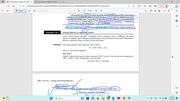 PDF *Elementary Principles of Chemic X PDF Elementary Principles of Chemica X +
49°F
Sunny
File | E:/Elementary%20Principles%20of%20Chemical%20Processes,%204th%20Edition%20(%20PDF Drive%20).pdf
Draw
(T) Read aloud
Example 7.5-3
Solution
391 of 695
Energy Balance on a Steam
JESTITIS
JUTERIIS TULIT, JORING
JUTE Iing for
Now consider the properties at 10 bar and 20 bar. both at a temperature of 400°C. Even though
the pressure has doubled, the values of Û and Ĥ change by much less than 1%. Similar results would
be obtained for liquid water. The conclusion is that when you need a value of Û or Ĥ for water (or for
any other species) at a given T and P, you must look it up at the correct temperature-interpolating if
necessary but you don't have to find it at the exact pressure.
The next example illustrates the use of the steam tables to solve energy balance problems.
eam Tur
Turbine
Steam at 10 bar absolute with 190°C of superheat is fed to a turbine at a rate m = 2000 kg/h. The turbine
operation is adiabatic, and the effluent is saturated steam at 1 bar. Calculate the work output of the turbine in
kilowatts, neglecting changes in kinetic and potential energy.
372 CHAPTER 7 Energy and Energy Balances
OD
The energy balance for this steady-state open system is
Q Search
(Why was the heat term dropped?)
Inlet Steam:
Table B.7 indicates that steam at 10 bar is saturated at 180°C (verify), so that the inlet steam temperature is
180°C + 190°C = 370°C. Interpolating in the same table,
Ĥin (10 bar, 370°C) = 3201 kJ/kg
W₁ = AH = m(Ĥout - Ĥin)
Outlet Steam:
From either Fable B. 6/0 B.7, you can find that the enthalpy of saturated steam at 1 bar is
Hout (1 bar, saturated) = 2675 kJ/kg/
2000 (2675 32014-1
H
1h
{
J
ENG
Sign in
100
8:35 AM
5/6/2023
•
la
+
O