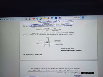 Example 8.3-5
process.
Energy Balance on a Gas Preheater
A stream containing 10% CH4 and 90% air by volume is to be heated from 20°C to 300°C. Calculate
the required rate of heat input in kilowatts if the flow rate of the gas is 2.00 x 10 liters (STP)/min.
Solution
Basis: Given Flow Rate
Assume ideal-gas behavior.
2000 L (STP)/min, 20°C
(mol/min)
0.100 mol CH₂/mol
0.900 mol air/mol
Q Search
n =
2000 L (STP)
min
Recall that specifying the flow rate in liters (STP)/min_does not imply that the feed gas is at standard
temperature and pressure; it is simply an alternative way of giving the molar flow rate.
HEATER
26
Q(kW)
D
8.3 Changes in Temperature 421
1 mol
22.4L (STP)
n(mol/min), 300°C
0.100 mol CH₂/mol
0.900 mol air/mol
The energy balance with kinetic and potential energy changes and shaft workfomitted is O=AH. The
task is to evaluate AH = nH₁-nH₁. Since each species has only one inlet condition and one outlet
Σ
out
in
condition in the process, two rows are sufficient for the enthalpy table.
= 89.3 mol/min
D C
e
^ENG