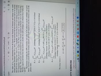 cal%20Processes,%204th%20Edition%20(%20PDFDrive%20).pdf
Copilot
Q168
The values of nout were determined from the known mole fractions of benzene and toluene in the outlet
streams and the calculated values of ny and nL. We do not know the feed-stream pressure and so we assume
that AH for the change from 1 atm to Pfeed is negligible, and since the process is not running at an unusually
low temperature or high pressure, we neglect the effects of pressure on enthalpy in the calculations of H₁
through H4. (The pressure can be estimated from the Antoine equation and Raoult's law to be 164 mm Hg.)
The heat capacity and latent heat data needed to calculate the outlet enthalpies are obtained from Tables B.1
and B.2.
-
Q Search
The formulas (including the APEx formulas) and values of the unknown specific enthalpies are given
below. Convince yourself that the formulas represent AH for the transitions from the reference states to the
process states.
H₁ =
=
(Cp)c,H₁1dT[=Enthalpy(“benzene”,10,50,“C”,“I”)] = 5.341 kJ/mol
50°C
H₂ = √ (C₂)CHT [=Enthalpy ("toluene", 10,50,"C","1")] = 6.341 kJ/mol
10°C
(Cp)C6H6(v)dT
50°C
H4 =
VITY EXERCISE
10°C
-80.1°C
H3 = √°C (Cp)C¡Há(1)ďT +(AĤv )C.H₂ (80.1°C) + +
10°C
451
110.62°C
of 695 Q
10°℃
80.1°C
[=Enthalpy("benzene", 10,80.1,"C","1") + Hv("benzene")
+Enthalpy("benzene",80.1,50,"C","g")] = 37.53 kJ/mol
The energy balance is
50°C
(C₂)CH(1)dT + (AÂ‚)c‚µ‚(110.62°C) + fo
110.62°C
50°C
[=Enthalpy("toluene", 10,110.62,"C","1") + Hv("toluene")
+Enthalpy("toluene",110.62,50,"C","g")] = 42.94 kJ/mol
Q
Ση
Q = AH = Σn₁A₁ - Σnit₁ =
out
C
in
(Cp)C₂H₂(v) dT
Q=17.7 kJ
A gas emerges from a stack at 1200°C. Rather than being released directly to the atmosphere, it can
he nassed through one or several heat exchangers and the heat it loses can he nut to use in a variety
D
Ka
€
ENG