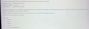 The following information summarizes the activities in the Mixing Department for the month of March:
Beginning inventory 24,000 units, 70% complete
Started and completed
Ending inventory
??? units
48,000 units, 40% complete
Assume that the company uses the weighted average method and that, during March, the equivalent units of production with respect to materials is 276,000, and the equivalent units of
production with respect to conversion costs is 247,200.
Material is added at the beginning of the process and conversion costs are incurred evenly throughout the process.
How many units were started and completed?
Select one:
O a. 228,000
O
b. 204,000
c. 210,000
d. 252,000
e. None of the amounts listed.
O
O