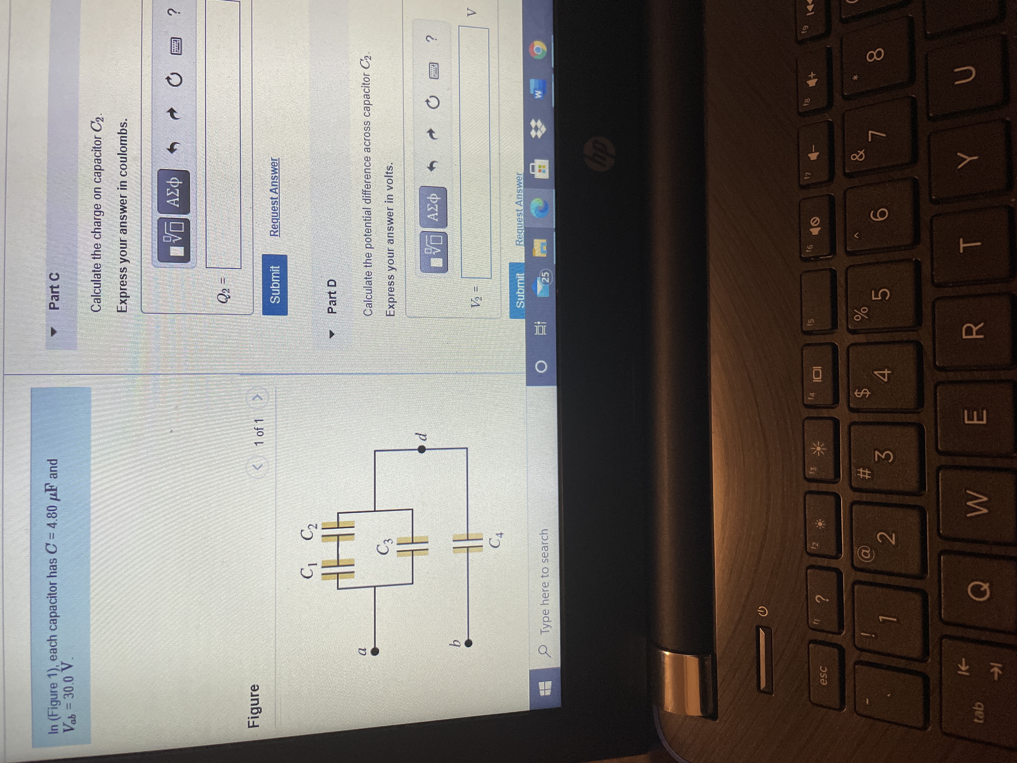 In (Figure 1), each capacitor has C= 4.80 F and
Vab = 30.0 V.
