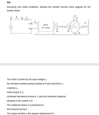 Q2)
Assuming zero initial conditions, develop the transfer function block diagram for the
system below
(1)
R
K
(3)
Ideal
de motor
(4)
Ω
XXX
B
The motor is driven by the input voltage e;
the armature winding having resistance R and inductance L.
coupling a,,
motor torque is T,.
combined mechanical inertia is J, and the combined rotational
damping in the system is B.
The rotational motion is constrained by
the torsional spring K.
The output variable is the angular displacement 0.
