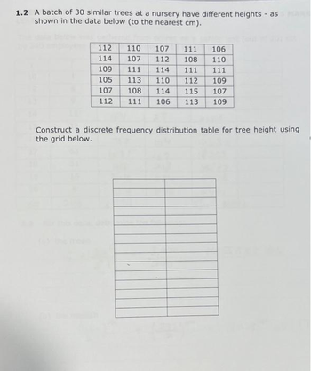 1.2 A batch of 30 similar trees at a nursery have different heights - as
shown in the data below (to the nearest cm).
112
110 107
114
107
109
111
105 113
107 108
112
111
106
112 108
110
114
111 111
110
112
109
114
115
107
111 106 113
109
Construct a discrete frequency distribution table for tree height using
the grid below.