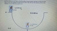 (a) Tony Hawco (m362 kg), a Newfoundland based skater decides to have his first
ride on the new halfpipe at Bannerman Park. We will use the lowest point in the
halfpipe as our reference point h=0.
Vo=2.00 m/s
R=3.00 m
V,=7.00 m/s
h=0
B.
A.
