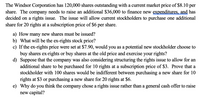 The Windsor Corporation has 120,000 shares outstanding with a current market price of $8.10 per
share. The company needs to raise an additional $36,000 to finance new expenditures, and has
decided on a rights issue. The issue will allow current stockholders to purchase one additional
share for 20 rights at a subscription price of $6
per
share.
a) How many new shares must be issued?
b) What will be the ex-rights stock price?
c) If the ex-rights price were set at $7.90, would you as a potential new stockholder choose to
buy shares ex-rights or buy shares at the old price and exercise your rights?
d) Suppose that the company was also considering structuring the rights issue to allow for an
additional share to be purchased for 10 rights at a subscription price of $3. Prove that a
stockholder with 100 shares would be indifferent between purchasing a new share for 10
rights at $3 or purchasing a new share for 20 rights at $6.
e) Why do you think the company chose a rights issue rather than a general cash offer to raise
new capital?
