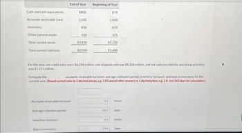 Cash and cash equivalents
Accounts receivable (net)
Inventory
Other current assets
Total current assets
Total current liabilities
End of Year
$800
Accounts receivable turnover
Average collection period
Inventory turnover
2,040
Days in inventory
830
160
$3,830
$2,060
Beginning of Year
$79
1.850
For the year, net credit sales were $8,258 million, cost of goods sold was $5,328 million, and net cash provided by operating activities
was $1.251 million.
Compute the...
accounts receivable turnover, average collection period, inventory turnover, and days in inventory for the
current year. (Round current ratio to 2 decimal places, e.g. 1.83 and all other answers to 1 decimal place, es 1.8. Use 365 days for calculation)
42
869
870
63
321
57.9
$3,120
$1,600
times
days
times
days