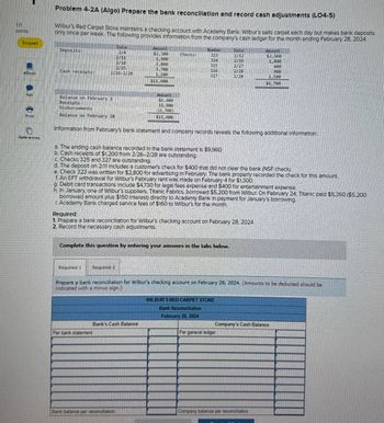 1.11
points
Problem 4-2A (Algo) Prepare the bank reconcillation and record cash adjustments (LO4-5)
Wilbur's Red Carpet Store maintains a checking account with Academy Bank. Wilbur's sells carpet each day but makes bank deposits
only once per week. The following provides Information from the company's cash ledger for the month ending February 28, 2024.
Skipped
Date
Number
Date
Amount
Deposits:
2/4
$2,300
Checks:
323
2/12
$2,100
2/11
1,900
324
2/19
1,800
2/18
2,800
325
2/27
400
2/25
3.788
1326
2/28
900
eBook
Cash receipts:
2/26-2/28
1,200
1327
2/28
1,500
$11,900
$6,700
Amount
Ask
Balance on February 1
Receipts
$6,400
11,900
Disbursements
(6,700)
Print
Balance on February 28
$11,600
이
References
Information from February's bank statement and company records reveals the following additional Information:
a. The ending cash balance recorded in the bank statement is $9.960.
b. Cash receipts of $1,200 from 2/26-2/28 are outstanding
c. Checks 325 and 327 are outstanding.
d. The deposit on 2/11 Includes a customer's check for $400 that did not clear the bank (NSF check).
e. Check 323 was written for $2,800 for advertising in February. The bank properly recorded the check for this amount.
f An EFT withdrawal for Wilbur's February rent was made on February 4 for $1,300.
g. Debit card transactions Include $4.730 for legal fees expense and $400 for entertainment expense.
h. In January, one of Wilbur's suppliers, Titanic Fabrics, borrowed $5,200 from Wilbur On February 24. Titanic paid $5,350 ($5.200
borrowed amount plus $150 Interest) directly to Academy Bank In payment for January's borrowing.
1. Academy Bank charged service fees of $160 to Wilbur's for the month.
Required:
1. Prepare a bank reconciliation for Wilbur's checking account on February 28, 2024
2. Record the necessary cash adjustments.
Complete this question by entering your answers in the tabs below.
Required I Required 2
Prepare a bank reconciliation for Wilbur's checking account on February 28, 2024. (Amounts to be deducted should be
indicated with a minus sign.)
WILBUR'S RED CARPET STORE
Bank Reconciliation
February 28, 2024
Bank's Cash Balance
Per bank statement
Company's Cash Balance
Per general ledger
Bank balance per reconciliation
Company balance per reconciliation