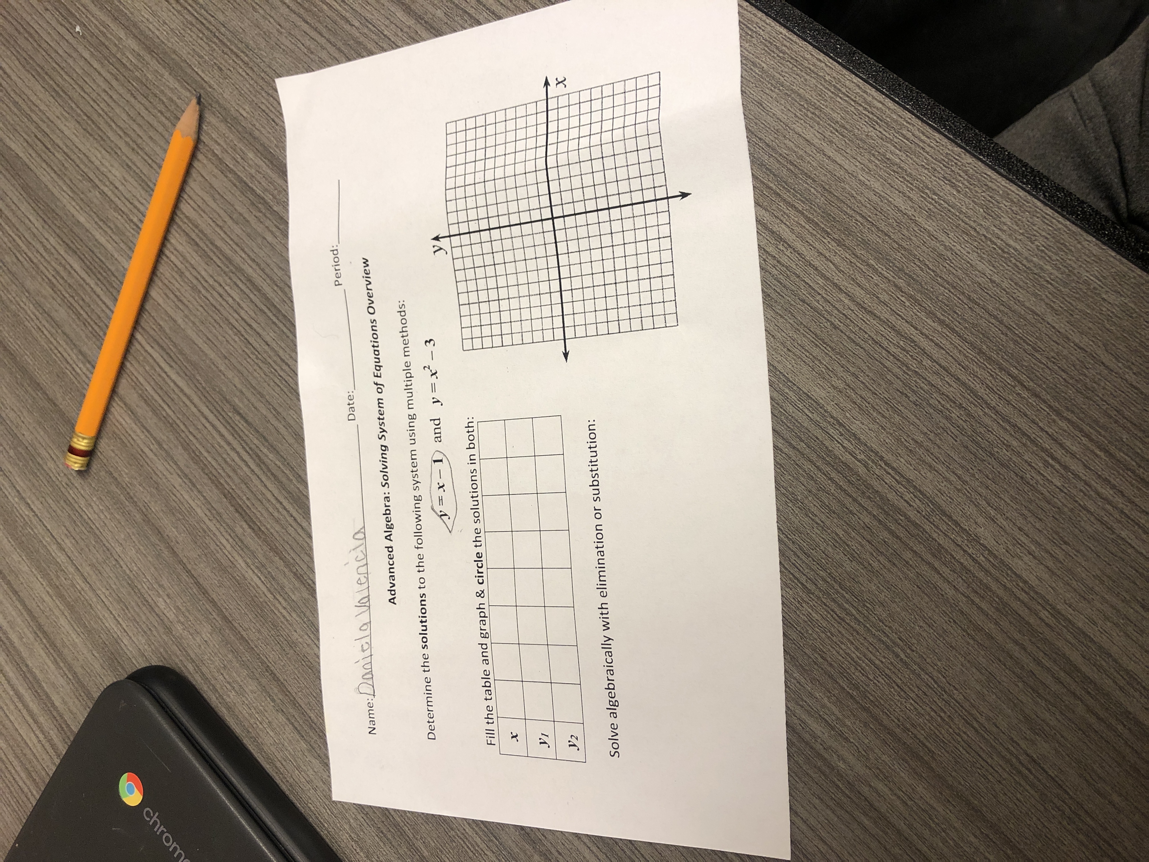 chrom
Period:
Date:
e:Daniela Valencia
Name:
Advanced Algebra: Solving System of Equations Overview
Determine the solutions to the following system using multiple methods:
ý=x-1 and y=x - 3
Fill the table and graph & circle the solutions in both:
y2
Solve algebraically with elimination or substitution:
