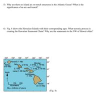 5) Why are there no island arc or trench structures in the Atlantic Ocean? What is the
significance of an arc and trench?
6) Fig. 4 shows the Hawaiian Islands with their corresponding ages. What tectonic process is
creating the Hawaiian Seamount Chain? Why are the seamounts to the NW of Hawaii older?
160°
159°
158°
157
156°
155°
154
Kauai(5.1 Ma)
22
Molokai
Niihau
Oahu 2.6 Ma 1.9 Ma 1.76 Ma
(4.9 Ma)
Maui
1.3 Ma 0.75 Ma 21
3.7 Ma
Lanai (1.28 Ma) D
North
Kahoolawe
(1 Ma)
20°
100
200
Hawaii
19
Kilometers
(0.5-0 Ma)
Ma = millions of years
%3D
(Fig. 4)
