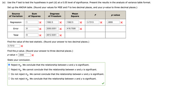 (e) Use the F test to test the hypotheses in part (d) at a 0.05 level of significance. Present the results in the analysis of variance table format.
Set up the ANOVA table. (Round your values for MSE and F to two decimal places, and your p-value to three decimal places.)
Source
of Variation
Regression 1
Error
Total
8
9
Sum
of Squares
X
X
X
Degrees
of Freedom
1562.5
X
Mean
Square
4912.5051 X
1562.5
X 3.7313
3350.0051 X 418.7506 X
Find the value of the test statistic. (Round your answer to two decimal places.)
3.7313
X
F
X
Find the p-value. (Round your answer to three decimal places.)
p-value = .0895
X
State your conclusion.
● Reject Ho. We conclude that the relationship between x and y is significant.
O Reject Ho. We cannot conclude that the relationship between x and y is significant.
O Do not reject Ho. We cannot conclude that the relationship between x and y is significant.
O Do not reject Ho. We conclude that the relationship between x and y is significant.
p-value
.0895
X