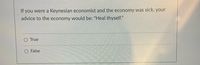 If you were a Keynesian economist and the economy was sick, your advice to the economy would be: "Heal thyself."

- True
- False

This text is a question that appears in the format of a multiple-choice quiz. It prompts the reader to determine whether the statement aligns with the principles of Keynesian economics.