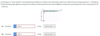 In the figure a "semi-infinite” nonconducting rod (that is, infinite in one direction only) has uniform linear charge density λ = 3.33 μC/m.
Find (including sign) (a) the component of electric field parallel to the rod and (b) the component perpendicular to the rod at point P (R
= 36.0 m).
(a) Number i 832.5
(b) Number i 832.5
R
Units
Units
N/C or V/m
N/C or V/m