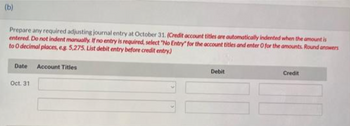 (b)
Prepare any required adjusting journal entry at October 31. (Credit account titles are automatically indented when the amount is
entered. Do not indent manually. If no entry is required, select "No Entry for the account titles and enter O for the amounts. Round answers
to O decimal places, e.g. 5,275. List debit entry before credit entry)
Date Account Titles
Oct. 31
Debit
Credit