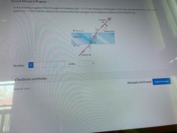 Current Attempt in Progress
In the drawing, suppose that the angle of incidence is 0₁-27.1°, the thickness of the pane is 3.21 mm, and the refractive index of the
pane is n₂ = 1.33. Find the amount (in mm) by which the emergent ray is displaced relative to the incident ray.
Number
i
eTextbook and Media
Save for Later
Air (n3 = n1)
Glass (₂)
Air (₁)
Units
102
8₁1
Incident ray
jez
02
Emergent
ray
Displacement
Attempts: 0 of 6 used
Submit Answer