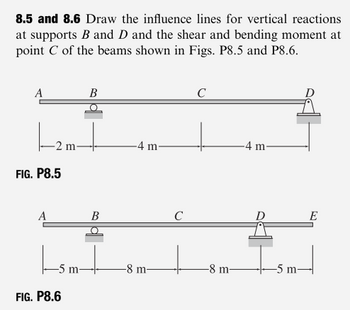 8.5 and 8.6 Draw the influence lines for vertical reactions
at supports B and D and the shear and bending moment at
point C of the beams shown in Figs. P8.5 and P8.6.
A
B
-2 m
FIG. P8.5
C
4 m.
4 m-
A
B
C
FIG. P8.6
-5 m-
-8 m
-8 m-
m
E