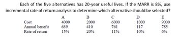 Each of the five alternatives has 20-year useful lives. If the MARR is 8%, use
incremental rate of return analysis to determine which alternative should be selected?
B
D
2000
1000
410
117
20%
10%
Cost
Annual benefit
Rate of return
A
4000
639
15%
C
6000
761
11%
E
9000
785
6%