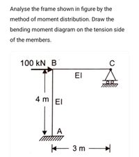 Analyse the frame shown in figure by the
method of moment distribution. Draw the
bending moment diagram on the tension side
of the members.
100 kN B
C
El
4 m EI
A
- 3 m -
