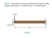 F12-2. Determine the slope and deflection of end A of the
cantilevered beam. E = 200 GPa and I = 65.0(10) mm*.
10 kN
10 kN-m
-3 m
F12-2
