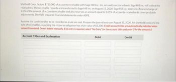 Sheffield Corp. factors $710,000 of accounts receivable with Sage Hill Inc., Inc. on a with recourse basis. Sage Hill Inc. will collect the
receivables. The receivable records are transferred to Sage Hill Inc. on August 15, 2020. Sage Hill Inc. assesses a finance charge of
2.0% of the amount of accounts receivable and also reserves an amount equal to 5.05% of accounts receivable to cover probable
adjustments. Sheffield prepares financial statements under ASPE
Assume the conditions for to be recorded as a sale are met. Prepare the journal entry on August 15, 2020, for Sheffield to record the
sale of receivables, assuming the recourse obligation has a fair value of $5,200. (Credit account titles are automatically indented when
amount is entered. Do not indent manually. If no entry is required, select "No Entry for the account titles and enter O for the amounts)
Account Titles and Explanation
Credit
Debit