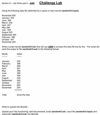 Section 9 – Lab Work part 5 - *AWK*

# Challenge Lab

Using the following data file (delimited by a space or tab) named **(section9.5.input)**

```
November 650
January  225
June     380
March    200
April    227
May      356
July     409
August   325
September 400
February 396
October  347
December 204
```

Write a script named **(section9.5.sh)** that will use *AWK* to process the data file line by line. The script will send the output to a file **(section9.5.out)** in the following format:

```
Month       Sales
--------    -------
January     225
February    396
March       200
April       227
May         356
June        380
July        409
August      325
September   400
October     347
November    650
December    204
          =======
Total     show the total
```

### What to upload into Moodle:

Upload your fully functioning, well-documented script **(section9.5.sh)**, input file **(section9.5.input)**, and output file **(section9.5.out)** into Moodle.