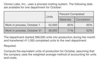 Clonex Labs, Inc., uses a process costing system. The following data
are available for one department for October:
Percent Completed
Units
Materials
Conversion
Work in process, October 1
52,000
85%
65%
Work in process, October 31
39,000
71%
52%
The department started 398,000 units into production during the month
and transferred 411,000 completed units to the next department.
Required:
Compute the equivalent units of production for October, assuming that
the company uses the weighted-average method of accounting for units
and costs.