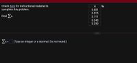 Check here for instructional material to
complete this problem.
X
0.001
0.015
Find Ex.
0.111
0.245
0.399
...
Ex = (Type an integer or a decimal. Do not round.)
