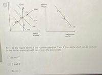 price
level
LRAS
inflation
rate (%)
JA
SRAS
AD1
F
AD2
PC
AD3
quantity
of output
anemployment
rate )
Refer to the Figure above. If the economy starts at Cand 1, then in the short run, an increase
in the money supply growth rate moves the economy to
OA and 1
B and 2
C and 3
