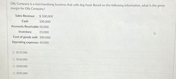 Olly Company is a merchandising business that sells dog food. Based on the following information, what is the gross
margin for Olly Company?
Sales Revenue
Cash
$500,000
100,000
Accounts Receivable 50,000
Inventory
25,000
Cost of goods sold 300,000
Operating expenses 40,000
O $135,000
$160,000
$200,000
$285,000