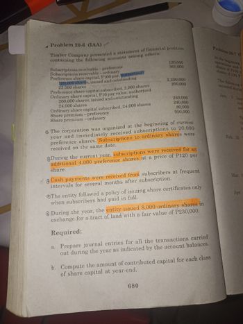 Problem 20-6 (IAA)-
Timber Company presented a statement of financial position
containing the following accounts among others:
Subscriptions receivable-preference
Subscriptions receivable-ordinary
Preference share capital, P100 par, authorized
100,000 shares, issued and outstanding
22,000 shares C
Preference share capital subscribed, 2,000 shares
Ordinary share capital, P10 par value, authorized
200,000 shares, issued and outstanding
24,000 shares
Share premium - preference
Share premium - ordinary
120,000
360,000
2,200,000
200,000
Problem 20-70
At the beginning
operations and
shares of P100 p
shares of 10% P
The following
occurred durin
240,000
Jan. 1 Issu
240,000
exc
80,000
ser
950,000
ΤΗ
th
Ordinary share capital subscribed, 24,000 shares
6 The corporation was organized at the beginning of current
year and immediately received subscriptions to 20,000
preference shares. Subscriptions to ordinary shares were
received on the same date.
During the current year, subscriptions were received for an
additional 4,000 preference shares at a price of P120 per
share.
Cash payments were received from subscribers at frequent
intervals for several months after subscription.
The entity followed a policy of issuing share certificates only
when subscribers had paid in full.
During the year, the entity issued 8,000 ordinary shares in
exchange for a tract of land with a fair value of P230,000.
Required:
a. Prepare journal entries for all the transactions carried
out during the year as indicated by the account balances.
b. Compute the amount of contributed capital for each class
of share capital at year-end.
680
Feb. 20
Mar. 1
Apr.