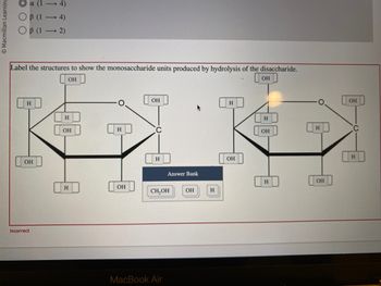 The image illustrates a diagram of two monosaccharide rings, which appear to be glucose molecules, as part of a learning exercise. The task involves labeling the structures to show the monosaccharide units produced by the hydrolysis of a disaccharide.

### Description of the Diagram:

- **Monosaccharide Structures**: Each structure consists of a six-membered ring, characteristic of glucose, with hydroxyl groups (OH) and hydrogen atoms (H) attached to the carbon atoms. This configuration creates the typical shape of pyranose rings.
- **Bonds**: A single oxygen atom bridges the two rings, indicating the glycosidic bond that would be broken in hydrolysis.
- **Label Areas**: There are several rectangular boxes around the structure indicating where labels are meant to be placed.
- **Answer Bank**: Below the diagram, there is an "Answer Bank" with available labels such as "CH₂OH," "OH," and "H."

The exercise appears to focus on understanding the structure of glucose and identifying components of the sugar molecule after hydrolysis, highlighting the educational focus on carbohydrate chemistry. The incorrect indication at the bottom suggests an attempt to label that didn't meet required criteria, which provides feedback for the learner to try again.