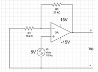 R2
20 kΩ
15V
+
R1
OA
10 kQ
-15V
Vo
Vi
5V (A
sine
10 Hz
