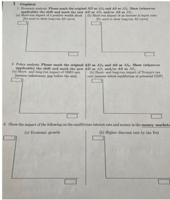 I Graphical
1. Economic analysis: Please mark the original AD as AD, and AS as AS. Show (wherever
applicable) the shift and mark the new AD as AD, and/or AS as AS₁.
(a) Short-run impact of a positive wealth shock (b) Short-run impact of an increase in input costs
[No need to show long-run AS curve]
[No need to show long-run AS curve]
2. Policy analysis: Please mark the original AD as AD, and AS as AS- Show (wherever
AD as AD, and/or AS as AS₁.
applicable) the shift and mark the new
(a) Short- and long-run impact of OMO sale
(assume inflationary gap before the sale]
(b) Short- and long-run impact of Trump's tax
cuts (assume initial equilibrium at potential GDP]
3. Show the impact of the following on the equilibrium interest rate and money in the money markets
(a) Economic growth
(b) Higher discount rate by the Fed